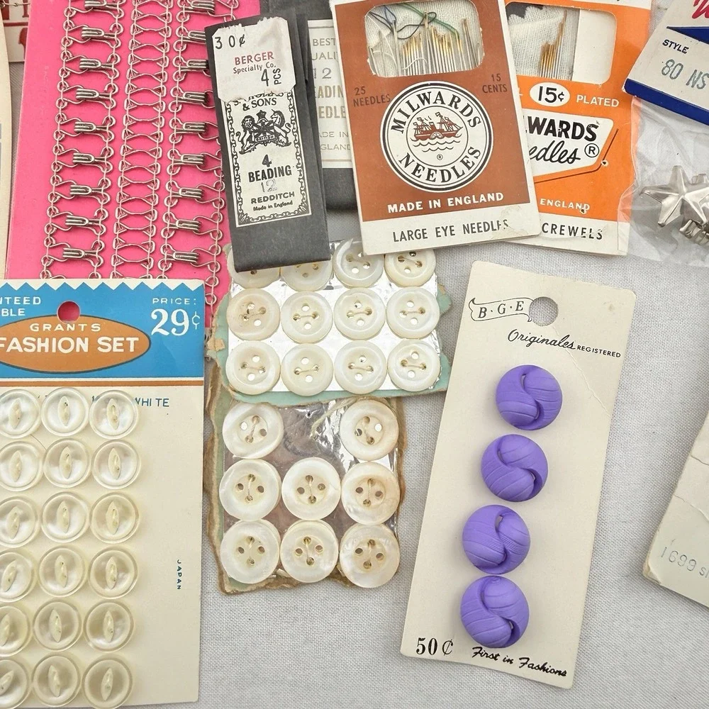 Vintage Lot Sewing Notions Hook Eye Loops Buttons Needles Mending Supplies